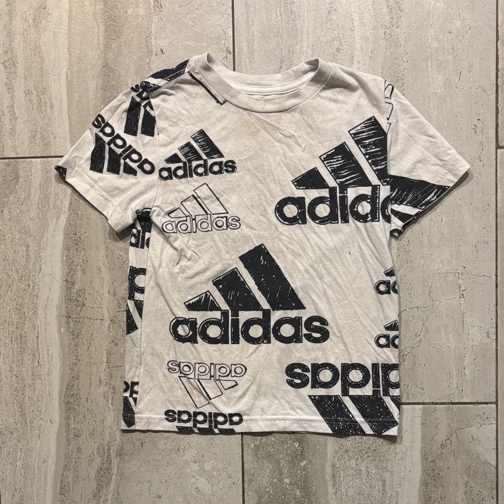 adidas White T-Shirt with Black Allover Logo Print